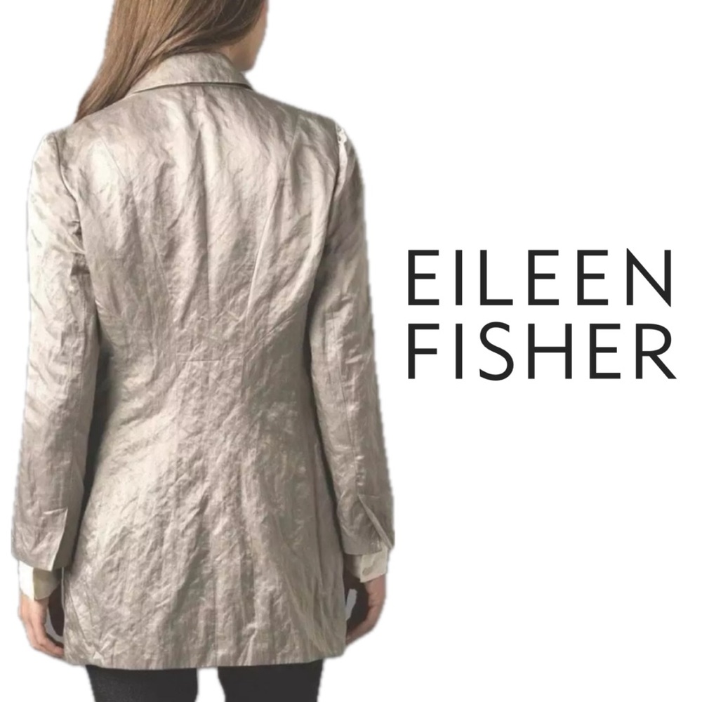 Eileen Fisher Satin Metallic Crinkle Blazer Notch 1 Button Champagne Jacket Sz L - Picture 2 of 11